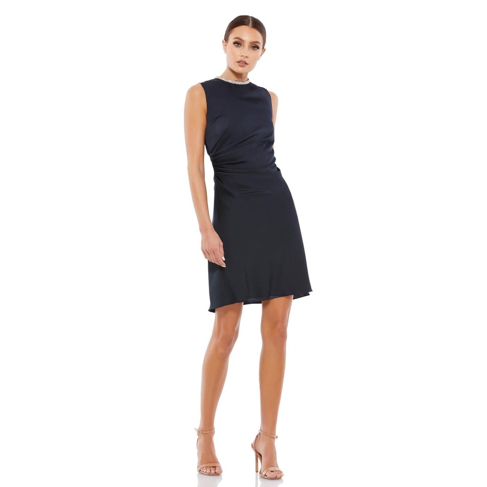 IEENA for Mac Duggal Navy Rhinestone Collar Draped Cocktail Dress 55697 Size 4